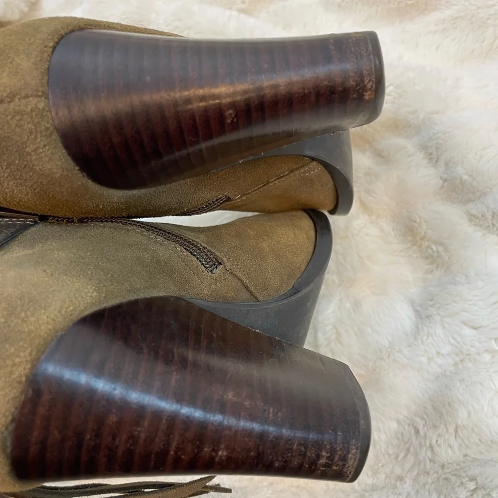 Kensie Masola Womens 8M Leather Ankle Boots Fringe Heels Bootie Brown Suede